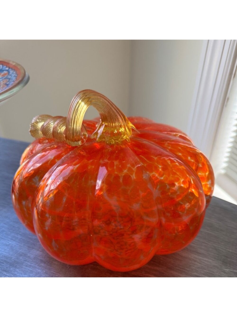 Handblown Glass Pumpkin With Swirled Amber Stem Fall Autumn Decor 6"